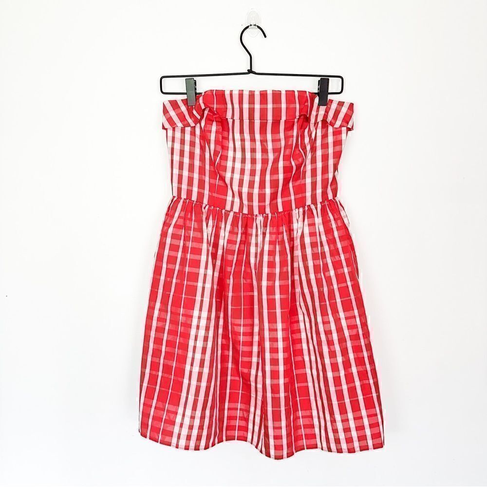 Vineyard Vines Red and White Gingham Fit and Flare Silk Blend Strapless Mini Dre